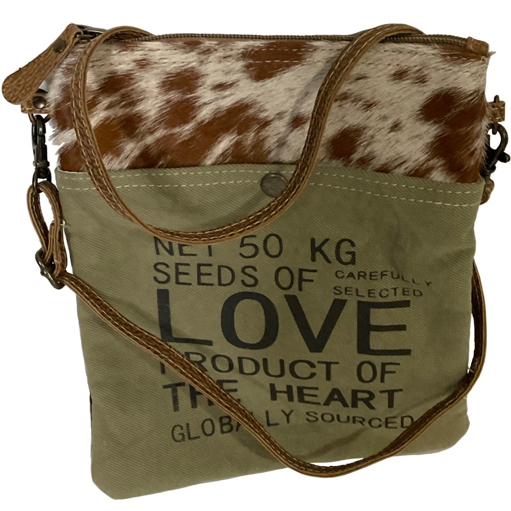 Myra Bag Seeds of Love upcycled canvas cowhide crossbody bag brown white cowhide